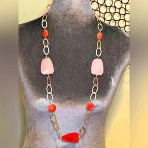 Necklace- Long light pink and dark pink plastic stones w/ hammered silver